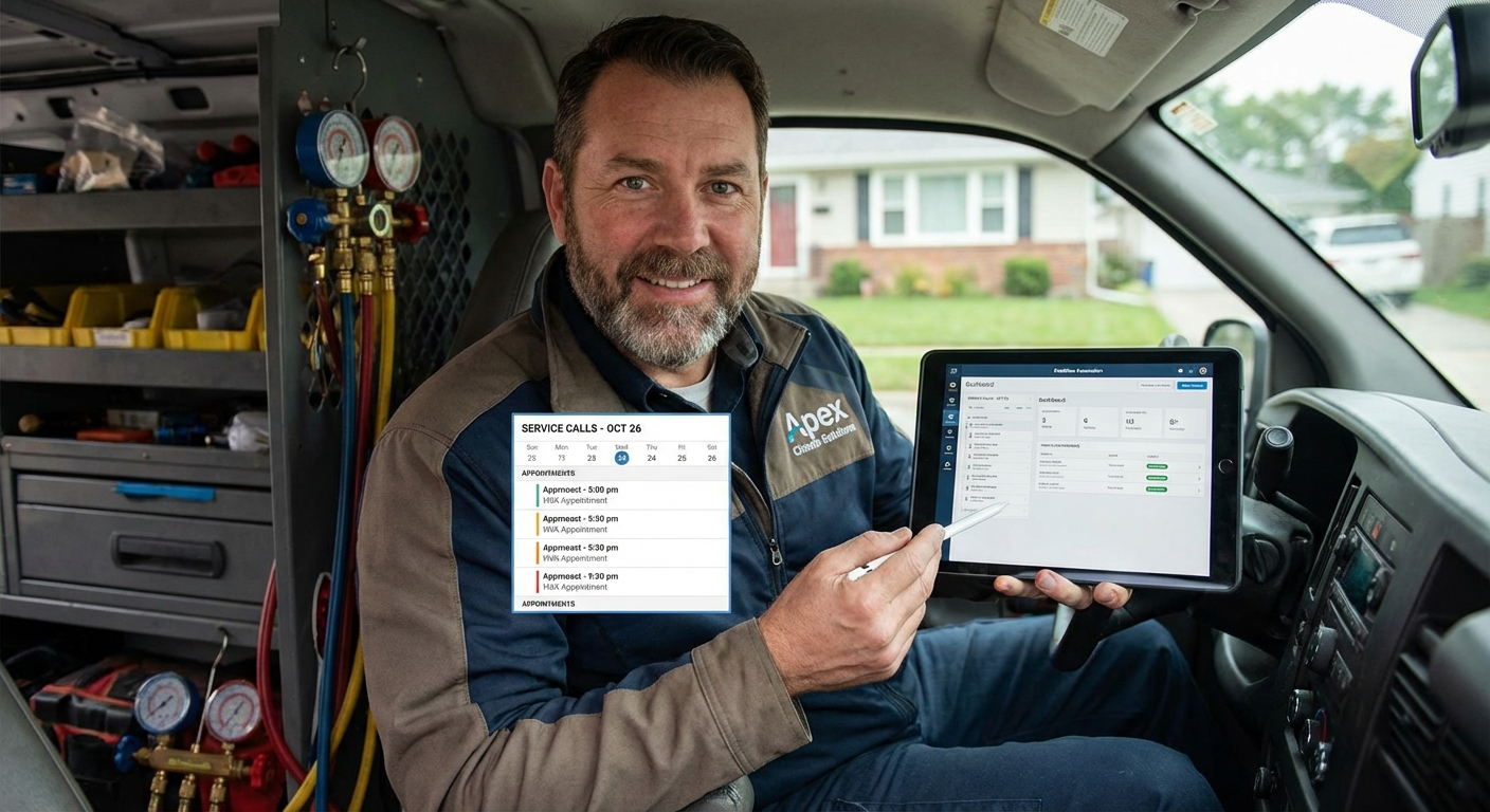 HVAC contractor reviewing automated schedule on tablet