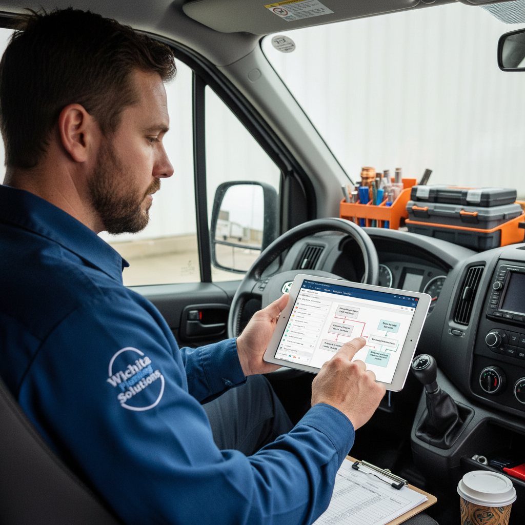 Wichita plumbing business owner reviewing CRM and scheduling workflow on a tablet