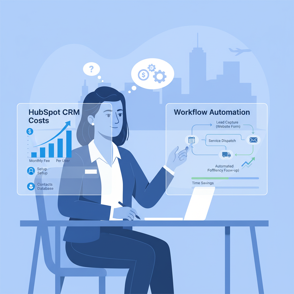 Wichita service business owner comparing Hubspot CRM pricing with workflow automation dashboards