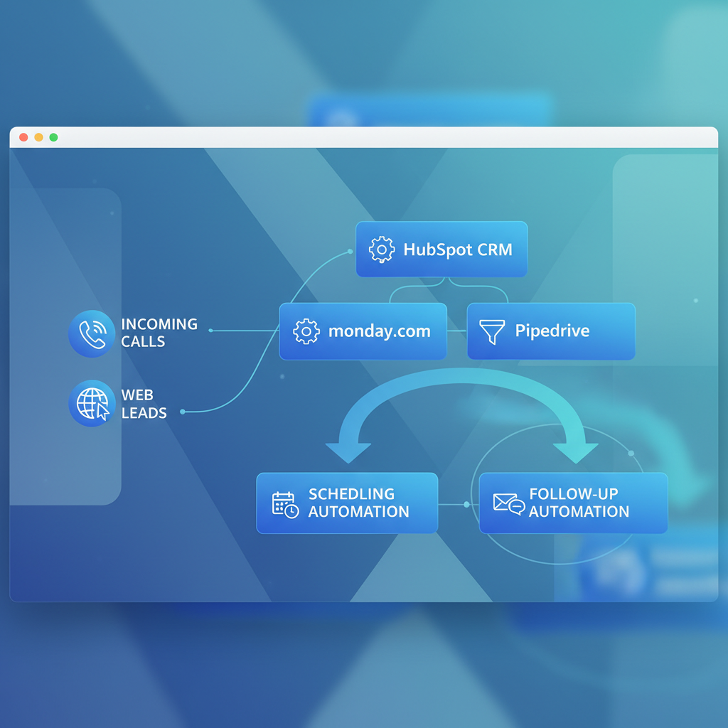 Workflow automation connecting Hubspot, monday.com, Pipedrive, lead capture, and scheduling