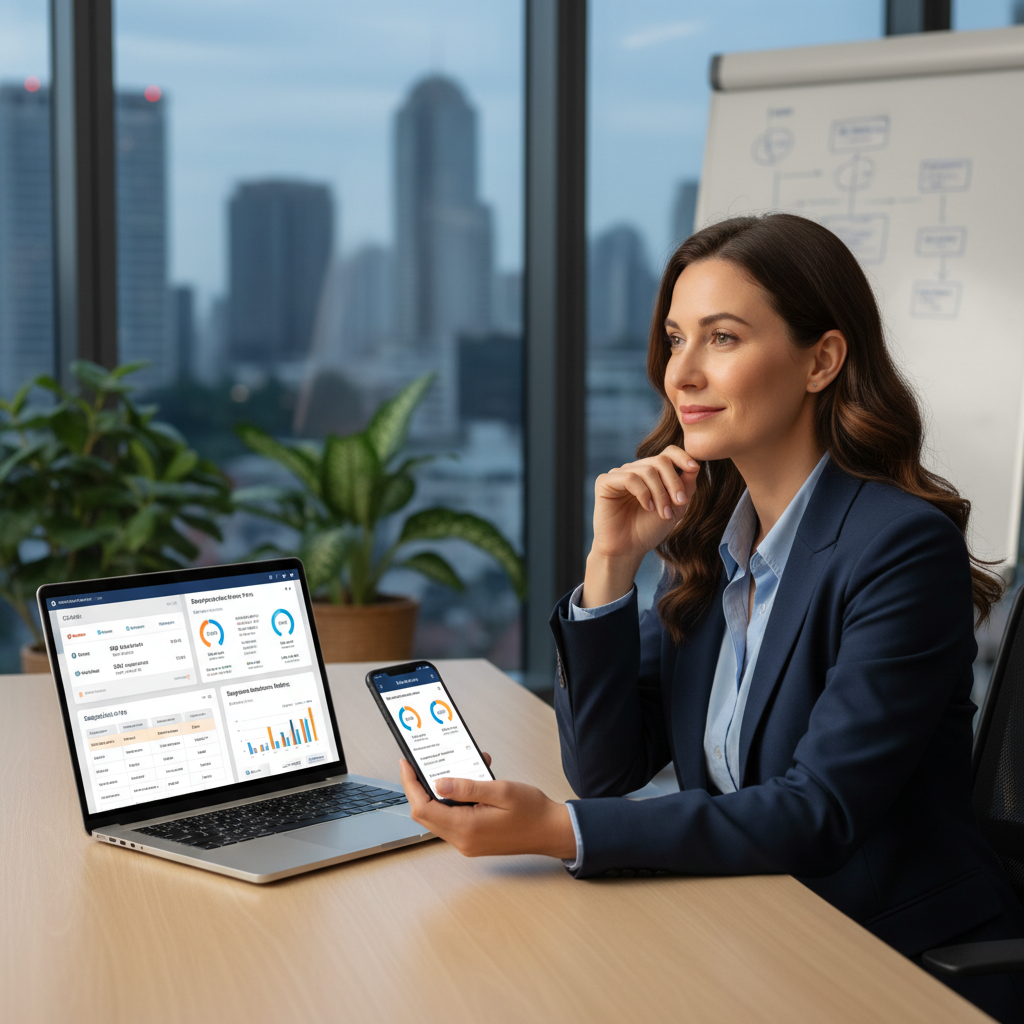 Service business manager reviewing CRM pricing, scheduling, and workflow automation performance